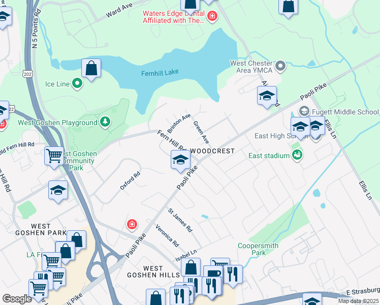 map of restaurants, bars, coffee shops, grocery stores, and more near 1179 Fernhill Road in West Chester