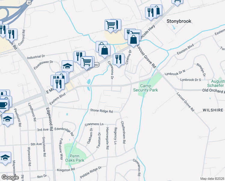 map of restaurants, bars, coffee shops, grocery stores, and more near 93 Theater Lane in York