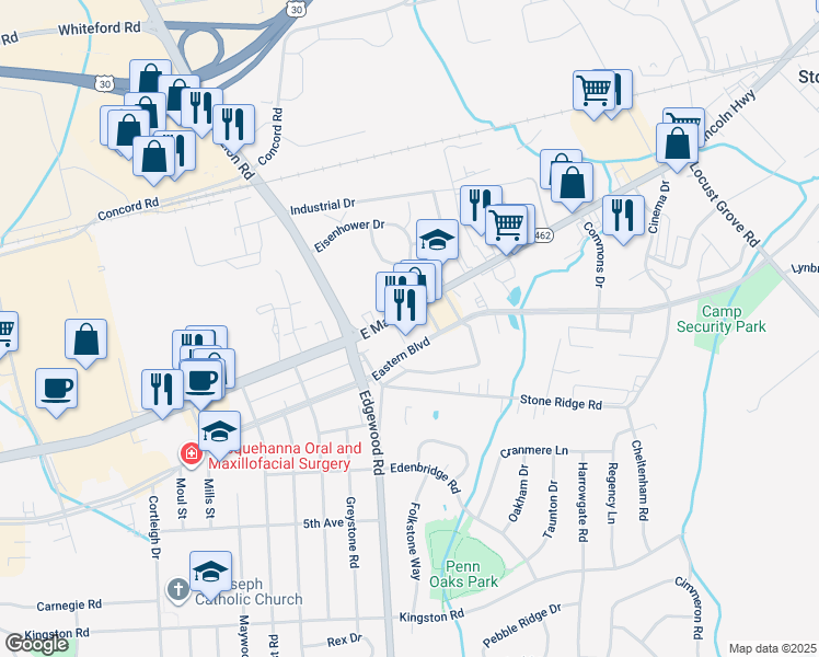 map of restaurants, bars, coffee shops, grocery stores, and more near 3405 East Market Street in York