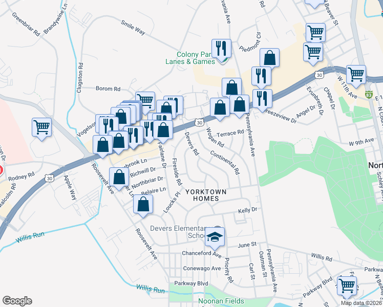 map of restaurants, bars, coffee shops, grocery stores, and more near 1524 Continental Road in York