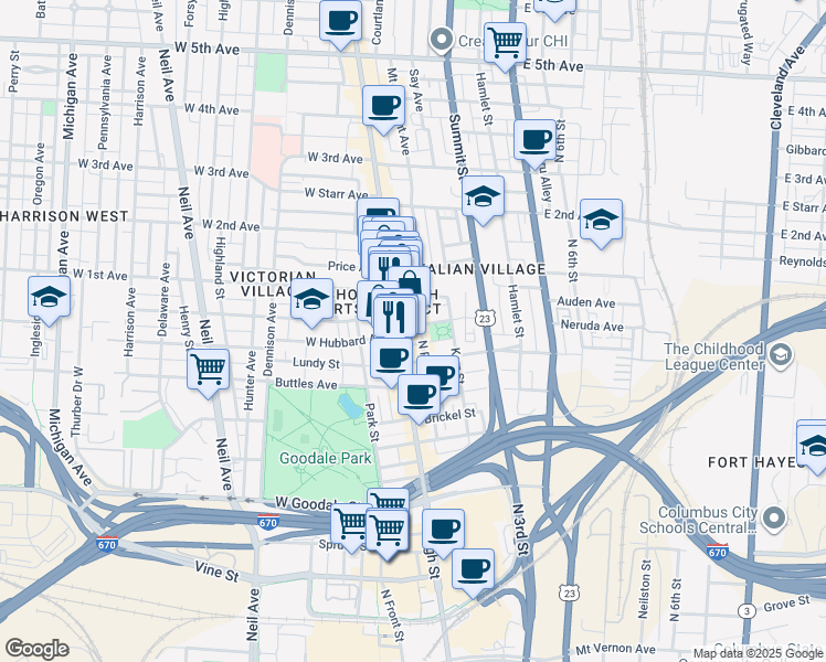 map of restaurants, bars, coffee shops, grocery stores, and more near in Columbus