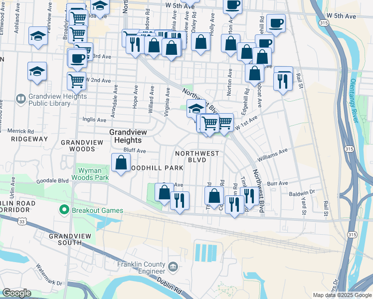 map of restaurants, bars, coffee shops, grocery stores, and more near 1036 Palmer Road in Columbus