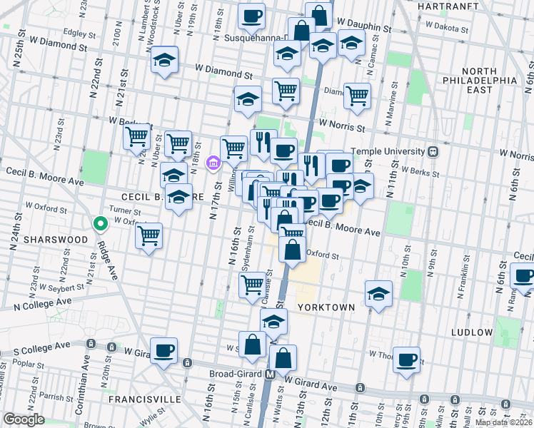 map of restaurants, bars, coffee shops, grocery stores, and more near Cecil B. Moore Ave & N 15th St in Philadelphia