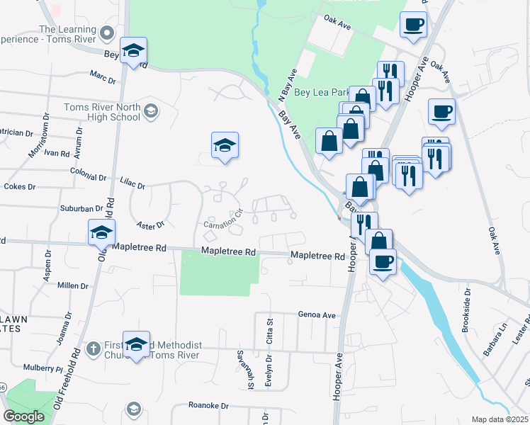 map of restaurants, bars, coffee shops, grocery stores, and more near 206 Muskflower Court in Toms River