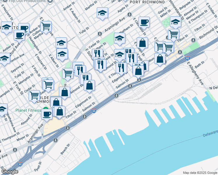 map of restaurants, bars, coffee shops, grocery stores, and more near 2707 East Seltzer Street in Philadelphia