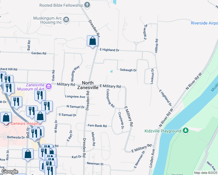 map of restaurants, bars, coffee shops, grocery stores, and more near 257 East Military Road in Zanesville