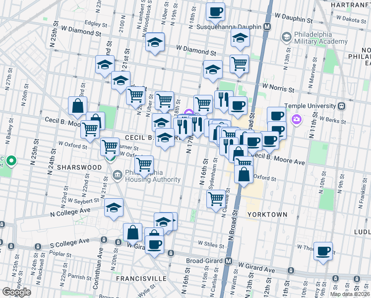 map of restaurants, bars, coffee shops, grocery stores, and more near 1723 Cecil B. Moore Avenue in Philadelphia