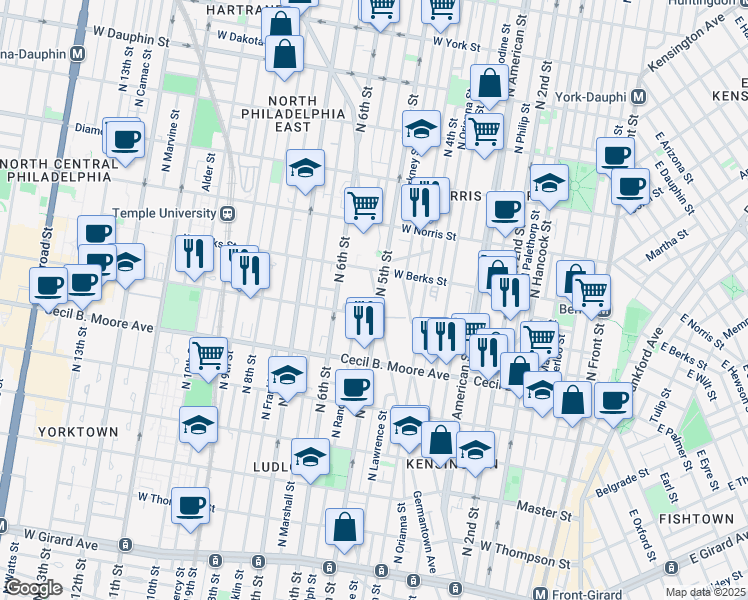 map of restaurants, bars, coffee shops, grocery stores, and more near 1812 Germantown Avenue in Philadelphia