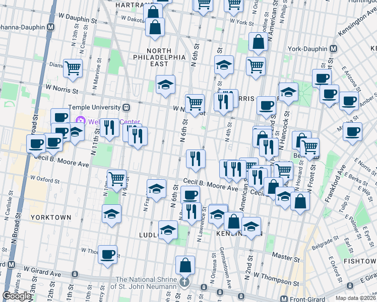 map of restaurants, bars, coffee shops, grocery stores, and more near 1848 Germantown Avenue in Philadelphia