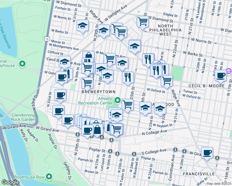 map of restaurants, bars, coffee shops, grocery stores, and more near 1511 North Bailey Street in Philadelphia