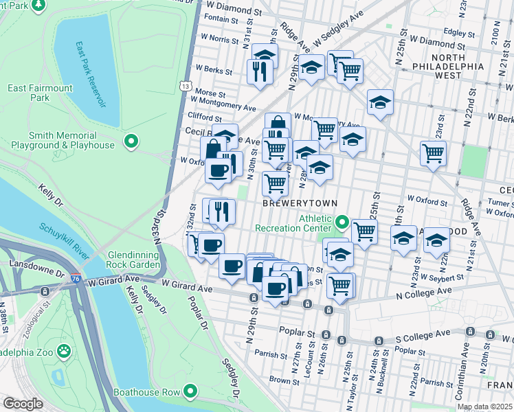 map of restaurants, bars, coffee shops, grocery stores, and more near 1459 North Myrtlewood Street in Philadelphia