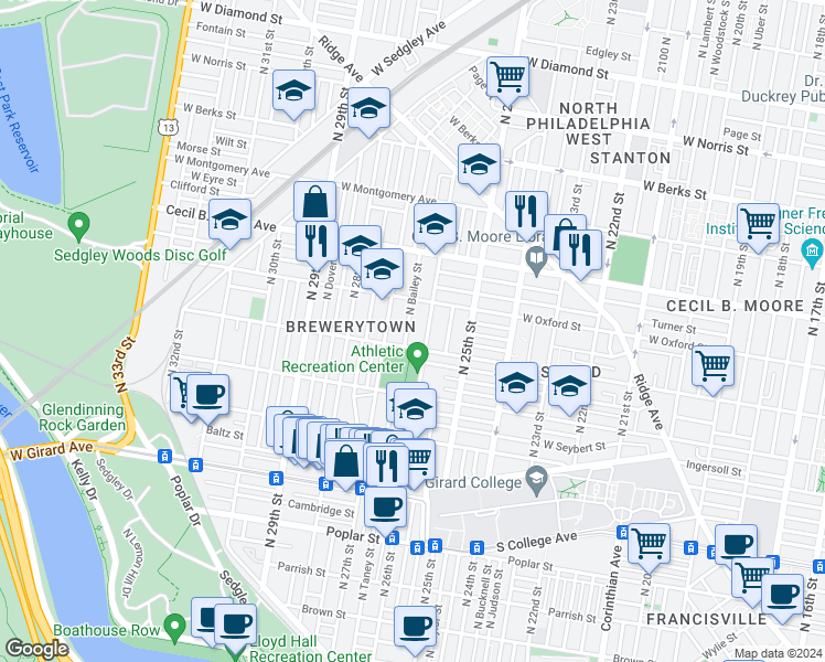map of restaurants, bars, coffee shops, grocery stores, and more near 1509 North Bailey Street in Philadelphia