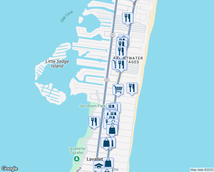 map of restaurants, bars, coffee shops, grocery stores, and more near 113 West Central Avenue in Lavallette