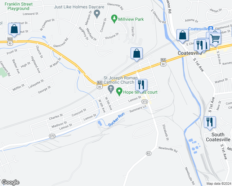 map of restaurants, bars, coffee shops, grocery stores, and more near 107 Hope Avenue in Coatesville
