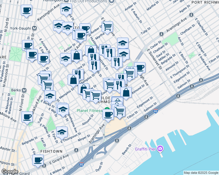 map of restaurants, bars, coffee shops, grocery stores, and more near 2518 Gaul Street in Philadelphia