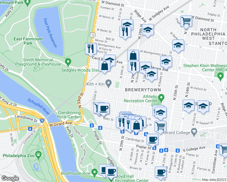 map of restaurants, bars, coffee shops, grocery stores, and more near 1450 North Corlies Street in Philadelphia