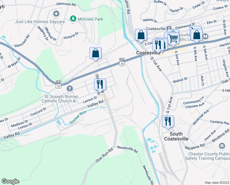 map of restaurants, bars, coffee shops, grocery stores, and more near 225 Union Avenue in Coatesville