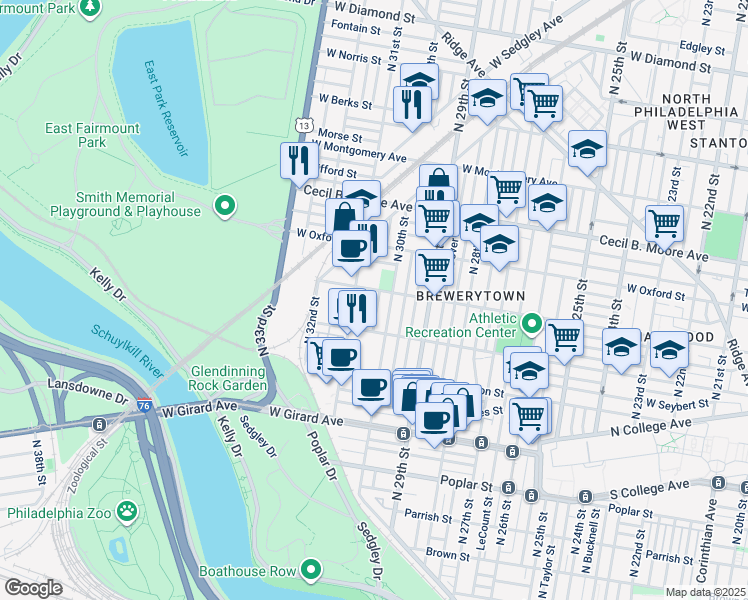 map of restaurants, bars, coffee shops, grocery stores, and more near 1450 North Corlies Street in Philadelphia