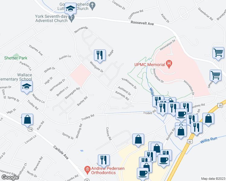 map of restaurants, bars, coffee shops, grocery stores, and more near 1799 Kenneth Road in Shiloh