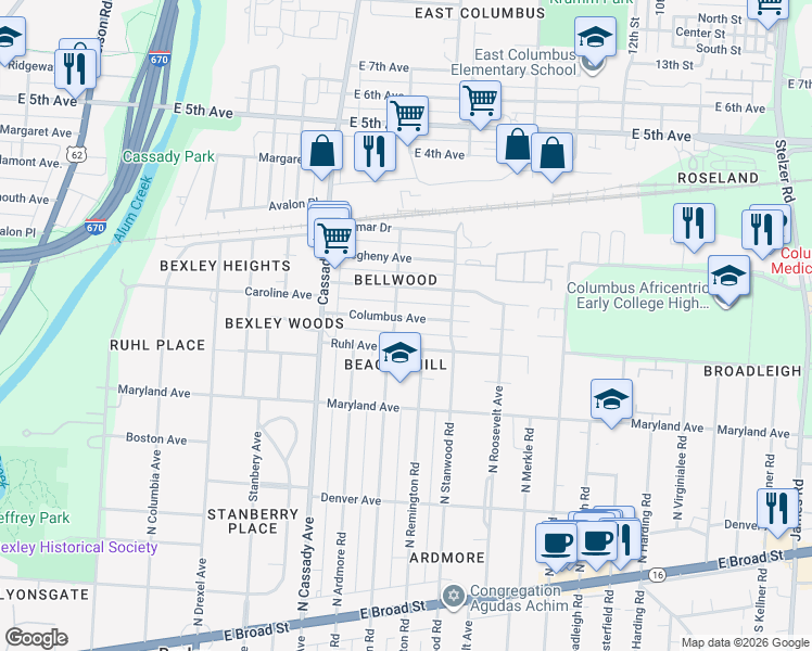 map of restaurants, bars, coffee shops, grocery stores, and more near 2748 North Cassingham Road in Bexley