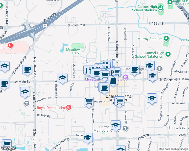map of restaurants, bars, coffee shops, grocery stores, and more near 114 3rd Avenue Northwest in Carmel