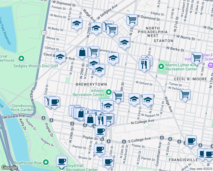 map of restaurants, bars, coffee shops, grocery stores, and more near 1501 North Bailey Street in Philadelphia