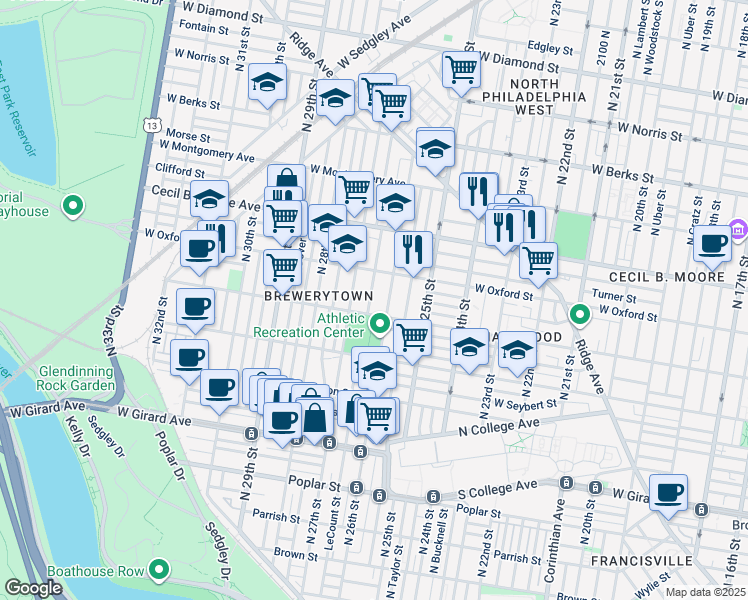 map of restaurants, bars, coffee shops, grocery stores, and more near 1511 North Bailey Street in Philadelphia