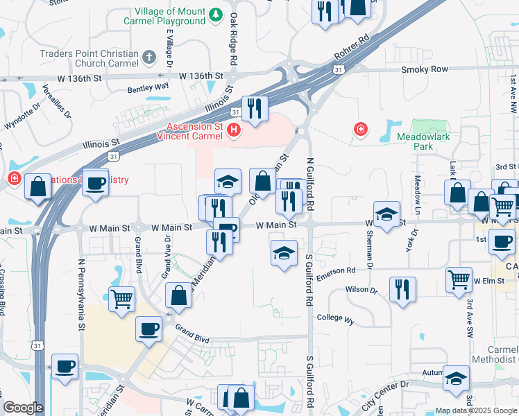 map of restaurants, bars, coffee shops, grocery stores, and more near 13111 Old Meridian Street in Carmel