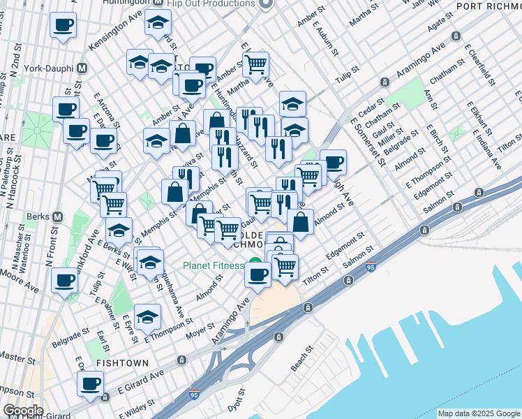 map of restaurants, bars, coffee shops, grocery stores, and more near 2518 Gaul Street in Philadelphia