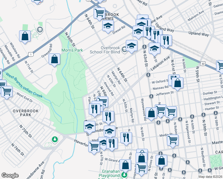 map of restaurants, bars, coffee shops, grocery stores, and more near 1200 North 65th Street in Philadelphia