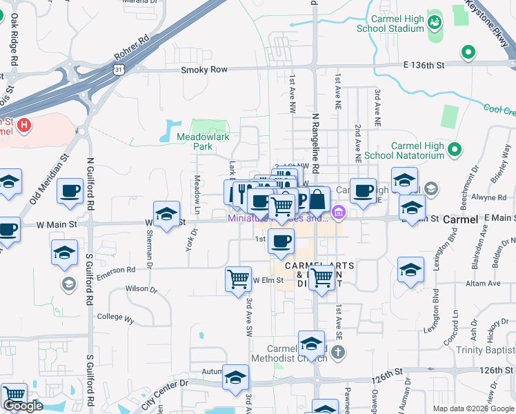 map of restaurants, bars, coffee shops, grocery stores, and more near 204 1st Street Southwest in Carmel
