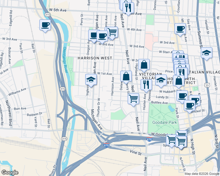 map of restaurants, bars, coffee shops, grocery stores, and more near 875 Harrison Avenue in Columbus