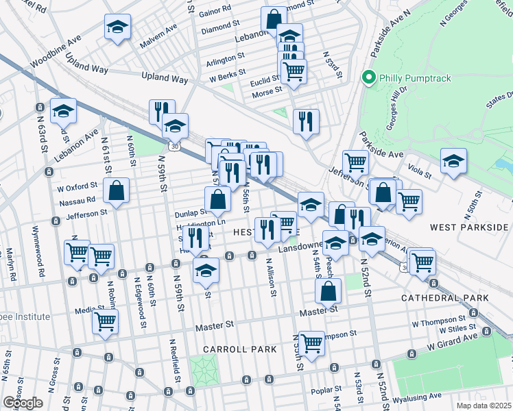 map of restaurants, bars, coffee shops, grocery stores, and more near 5535 West Jefferson Street in Philadelphia