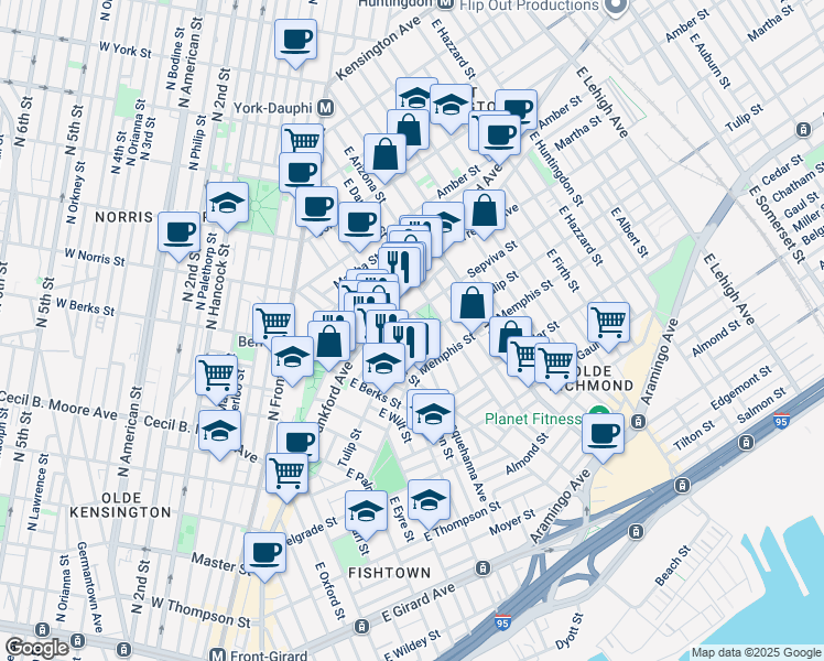 map of restaurants, bars, coffee shops, grocery stores, and more near 2215 East Susquehanna Avenue in Philadelphia