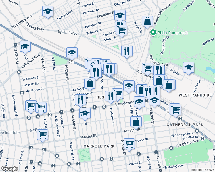 map of restaurants, bars, coffee shops, grocery stores, and more near 5535 West Jefferson Street in Philadelphia