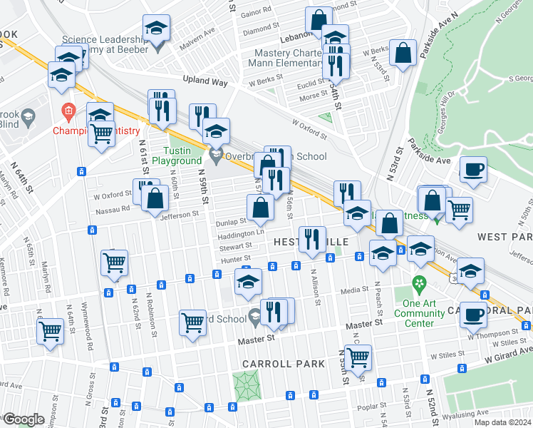 map of restaurants, bars, coffee shops, grocery stores, and more near 1731 North 57th Street in Philadelphia