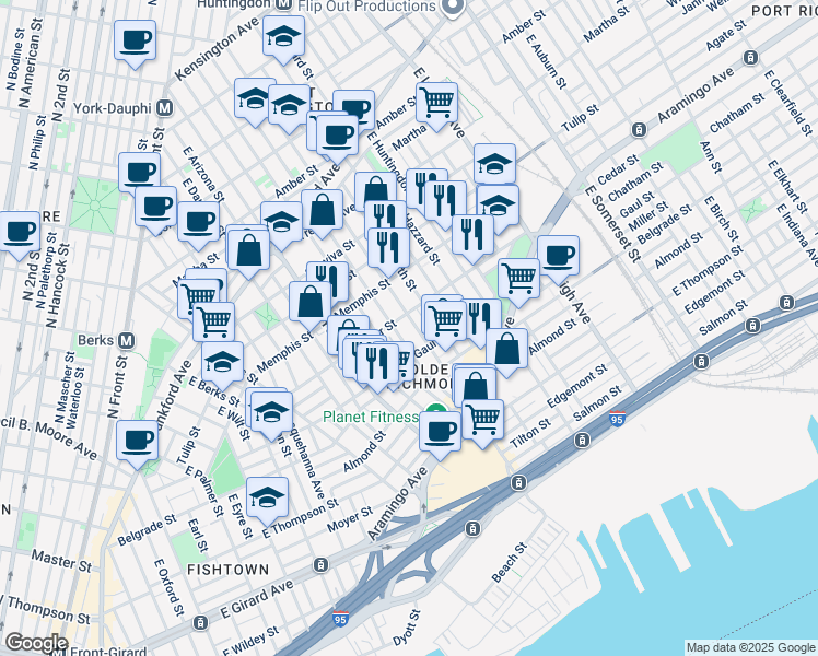 map of restaurants, bars, coffee shops, grocery stores, and more near 2414 East Cumberland Street in Philadelphia