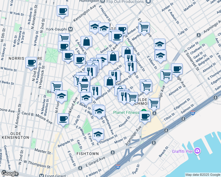 map of restaurants, bars, coffee shops, grocery stores, and more near 2320 Memphis Street in Philadelphia