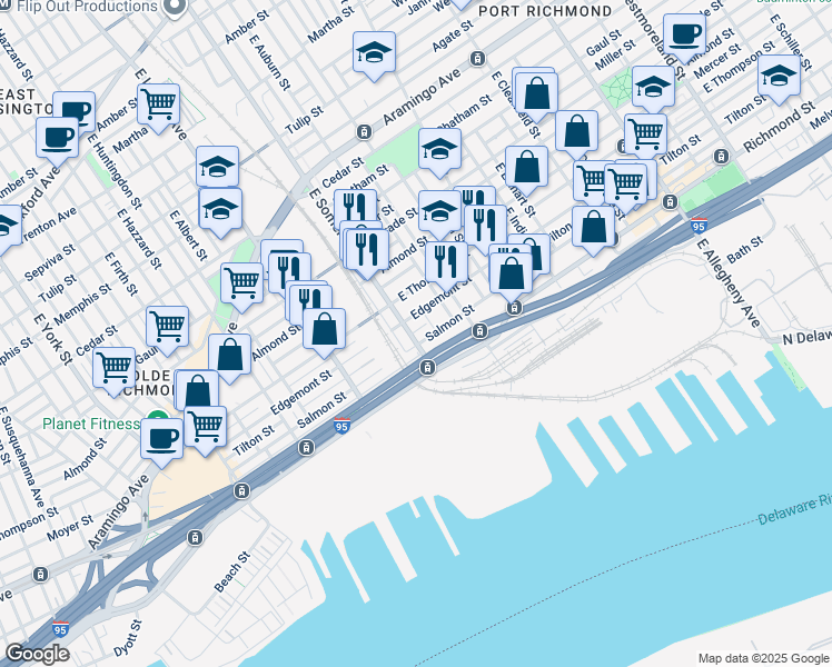map of restaurants, bars, coffee shops, grocery stores, and more near 2713 East Somerset Street in Philadelphia