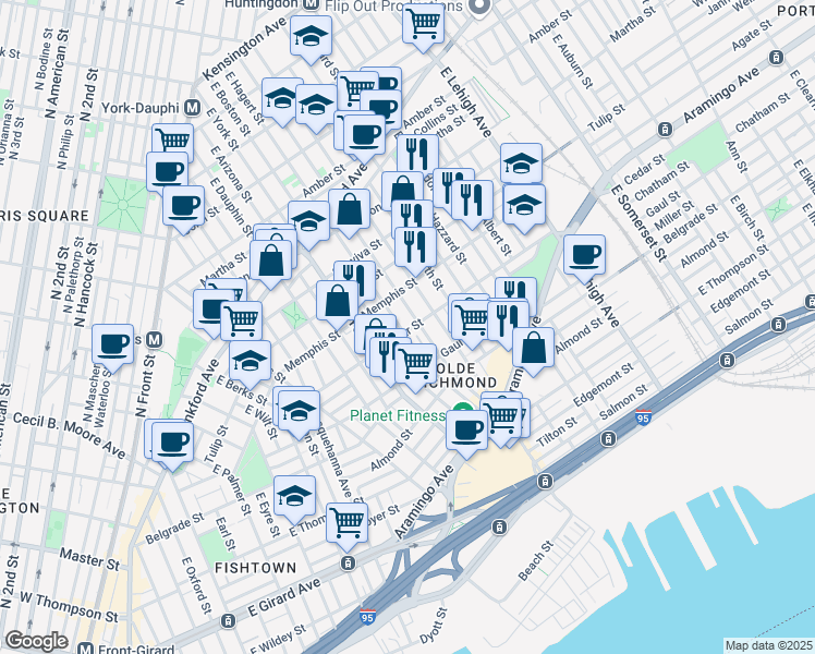 map of restaurants, bars, coffee shops, grocery stores, and more near 2356 East Cumberland Street in Philadelphia