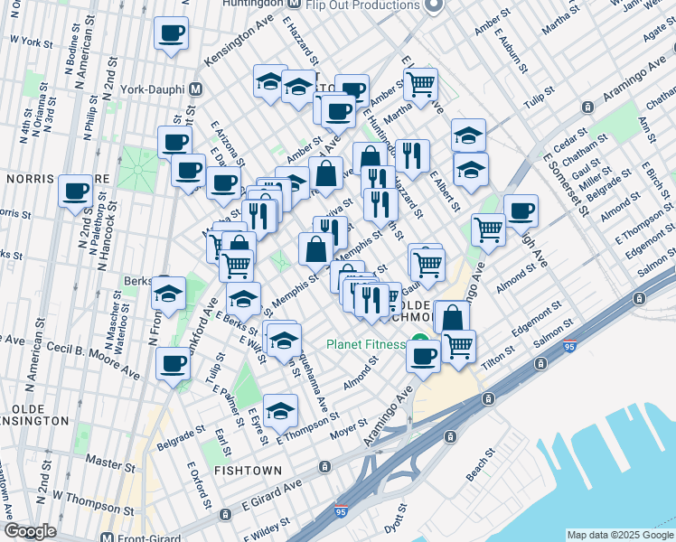 map of restaurants, bars, coffee shops, grocery stores, and more near 2337 East York Street in Philadelphia