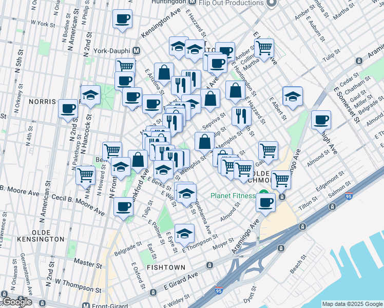 map of restaurants, bars, coffee shops, grocery stores, and more near 2223 East Dauphin Street in Philadelphia