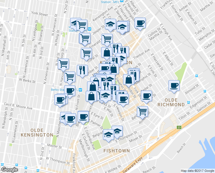 map of restaurants, bars, coffee shops, grocery stores, and more near 2204 Sepviva Street in Philadelphia