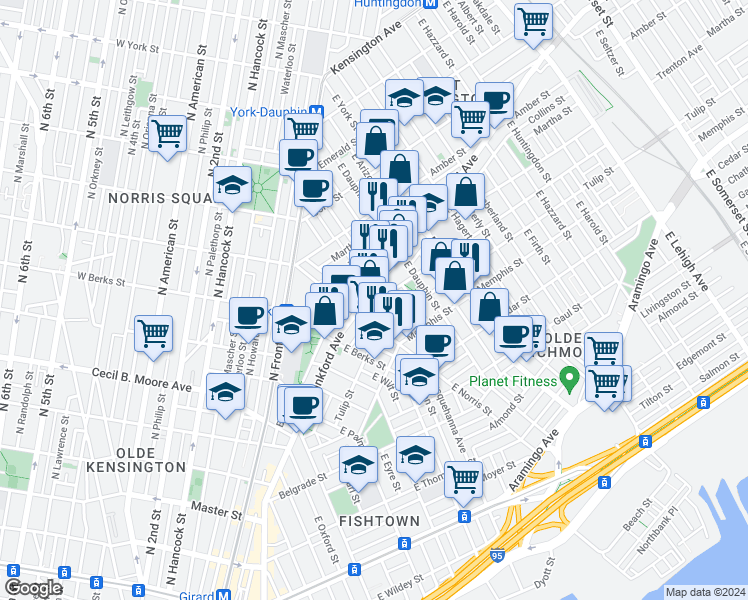 map of restaurants, bars, coffee shops, grocery stores, and more near 2204 Sepviva Street in Philadelphia