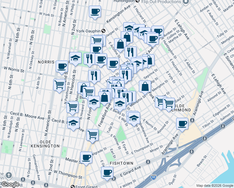map of restaurants, bars, coffee shops, grocery stores, and more near 2028 Blair Street in Philadelphia