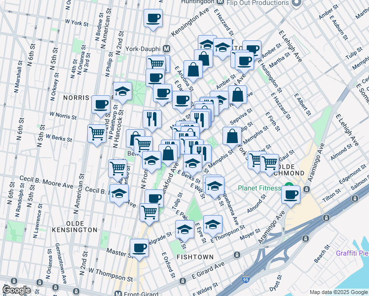 map of restaurants, bars, coffee shops, grocery stores, and more near 2028 Blair Street in Philadelphia