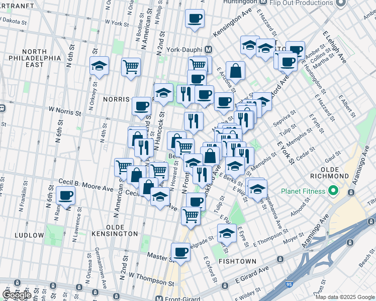 map of restaurants, bars, coffee shops, grocery stores, and more near 1936 North Front Street in Philadelphia