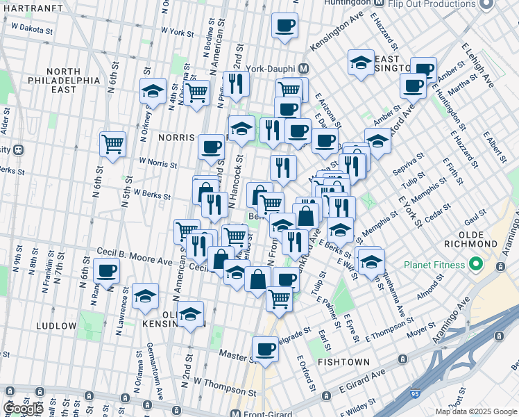 map of restaurants, bars, coffee shops, grocery stores, and more near 1930 Waterloo Street in Philadelphia