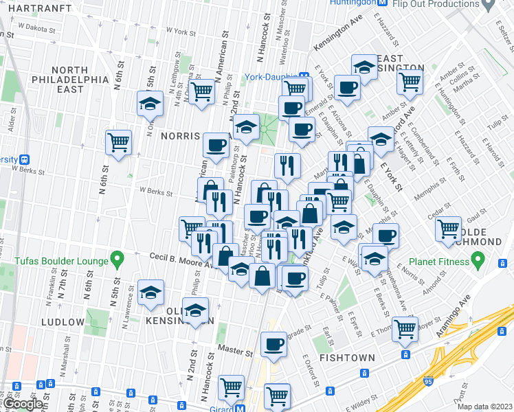map of restaurants, bars, coffee shops, grocery stores, and more near 1930 Waterloo Street in Philadelphia