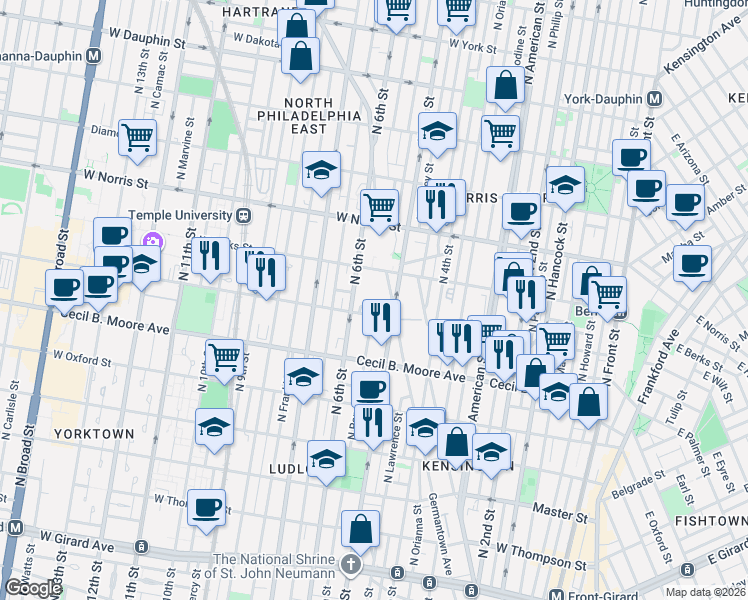 map of restaurants, bars, coffee shops, grocery stores, and more near 1848 Germantown Avenue in Philadelphia